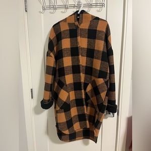 Plaid long jacket with hood! Size medium! Only worn a few times!